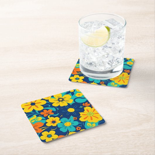 イグサカラフルス開花 – ドーパミンスタイル-レトロ花 スクエアペーパーコースター (インサイチュ)