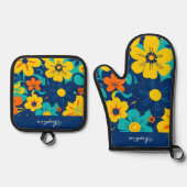 イグサカラフルス開花 – ドーパミンスタイル-レトロ花 鍋つかみ&鍋敷きセット (正面)