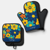 イグサカラフルス開花 – ドーパミンスタイル-レトロ花 鍋つかみ&鍋敷きセット (正面/裏面)