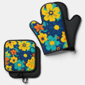 イグサカラフルス開花 – ドーパミンスタイル-レトロ花 鍋つかみ&鍋敷きセット (正面/裏面)