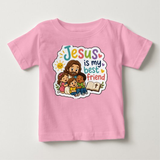 イザヤは私の最高の友達 可愛い子供のクリスチャングッズ ベビーTシャツ (正面)