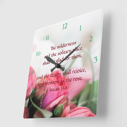 イザヤ書35:1 – 砂漠は喜び、花を咲かせる スクエア壁時計 (傾斜)