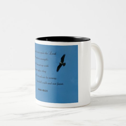 イザヤ書40:31しかし主に待つ者たちは… ツートーンマグカップ (正面右)