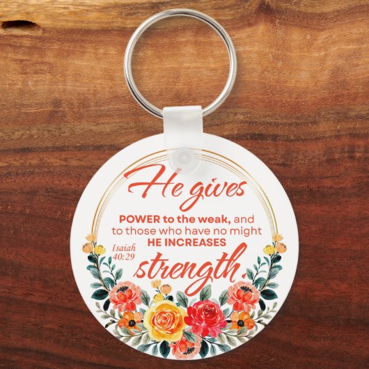 イザヤ40:29彼はパワー与えレッドフローラ聖なる書物、 経典 キーホルダー (正面)