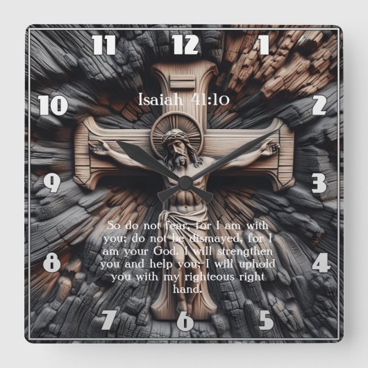 イザヤ41:10刻みイエス・クロス スクエア壁時計 (正面)