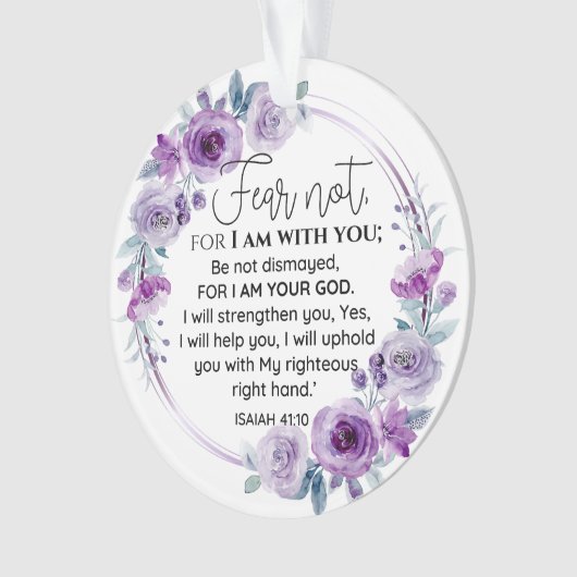 イザヤ41:10恐怖ではなく紫のフローラ聖なる書物、 経典 オーナメント (正面)