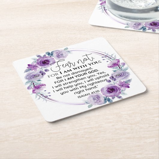 イザヤ41:10恐怖ではなく紫のフローラ聖なる書物、 経典 スクエアペーパーコースター (アングル)