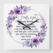 イザヤ41:10恐怖ではなく紫のフローラ聖なる書物、 経典 スクエア壁時計 (正面)