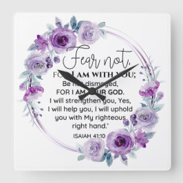 イザヤ41:10恐怖ではなく紫のフローラ聖なる書物、 経典 スクエア壁時計