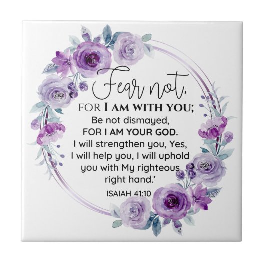 イザヤ41:10恐怖ではなく紫のフローラ聖なる書物、 経典 タイル (正面)