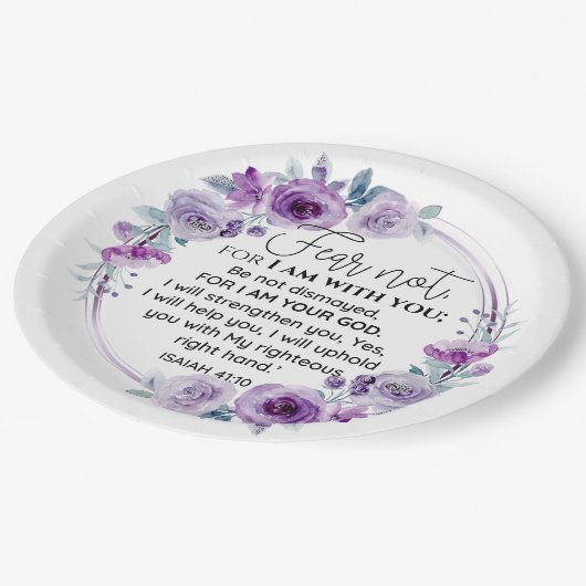 イザヤ41:10恐怖ではなく紫のフローラ聖なる書物、 経典 ペーパープレート (アングル)