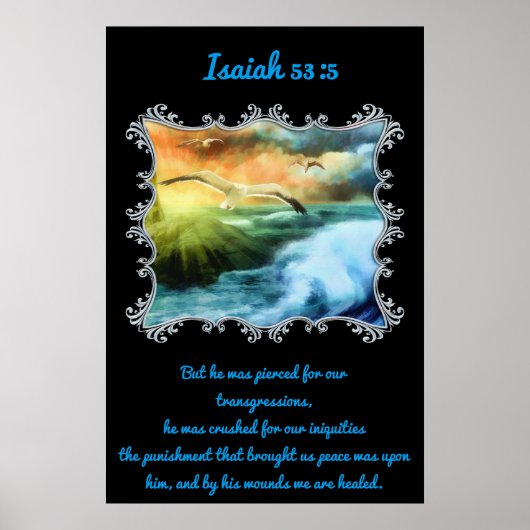 イザヤ53:5海の飛んでいる上に海の上で ポスター (正面)