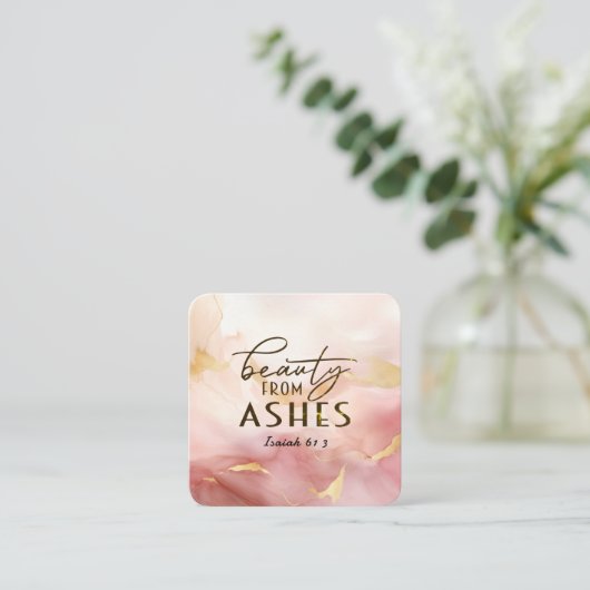 イザヤ61 3美しいアッシュバイブル聖句ピンク スクエア名刺 (スタンド正面)