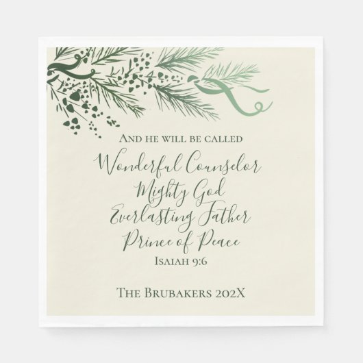 イザヤ9:6セージパーソナライズされたパインクリスマス スタンダードランチョンナプキン (正面)