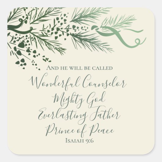 イザヤ9:6緑のパインエレガントスユニーククリスマス スクエアシール (正面)