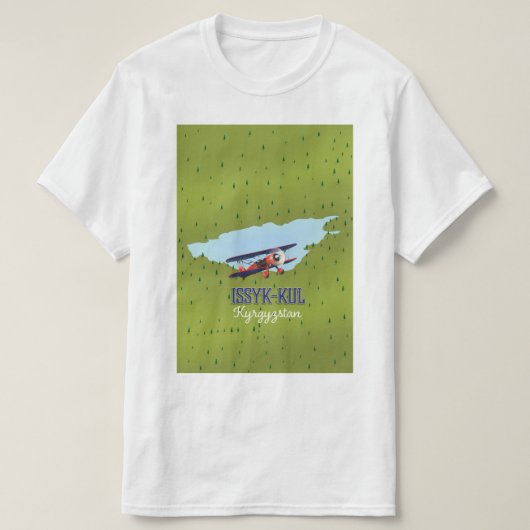 イシククル湖の旅行ポスターアート キルギスタン Tシャツ (デザイン正面)