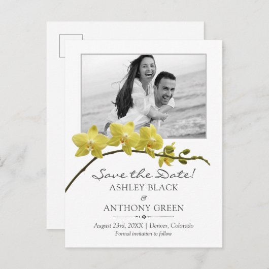 イシンプルエローオーキッドのフォトウエディングセーブザデート 案内ポストカード (正面/裏面)