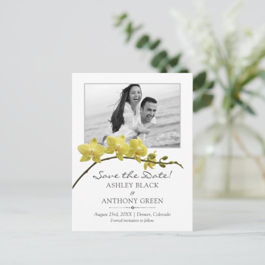 イシンプルエローオーキッドのフォトウエディングセーブザデート 案内ポストカード (スタンド正面)