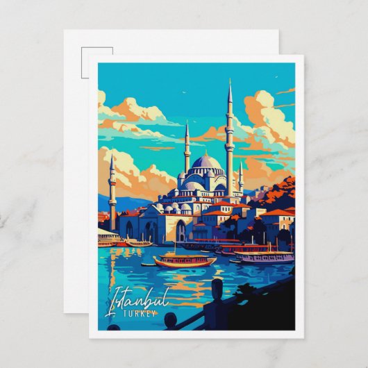 イスタンブールターキーアートヴィンテージ旅行イラストレーション ポストカード (正面/裏面)