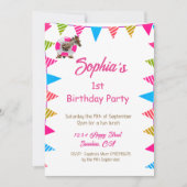 イスト誕生日かわいいピンクの子供たちキリン国旗のバンティング 招待状 (正面)