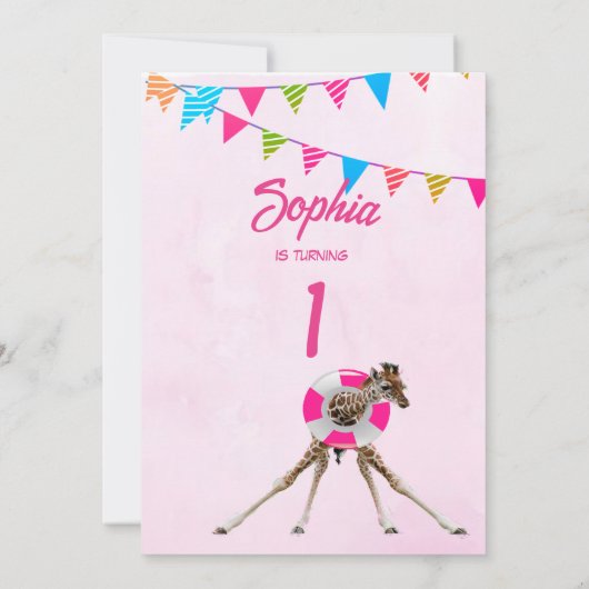 イスト誕生日かわいいピンクの子供たちキリン国旗のバンティング 招待状 (裏面)