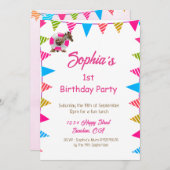 イスト誕生日かわいいピンクの子供たちキリン国旗のバンティング 招待状 (正面/裏面)