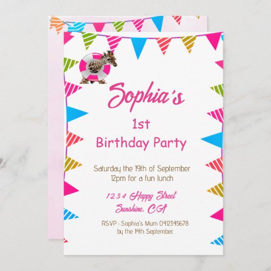 イスト誕生日かわいいピンクの子供たちキリン国旗のバンティング 招待状 (正面/裏面)