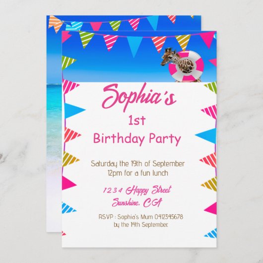 イスト誕生日シーサイドかわいいキリン国旗のバンティング 招待状 (正面/裏面)