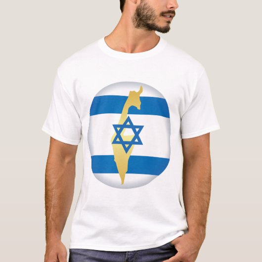 イスラエル国旗と地図 青いダビデの星のエンブレム Tシャツ (正面)