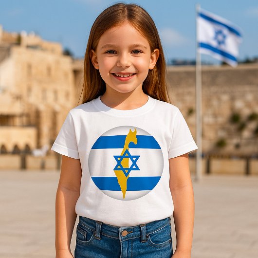 イスラエル国旗と地図 青いダビデの星の紋章 Tシャツ