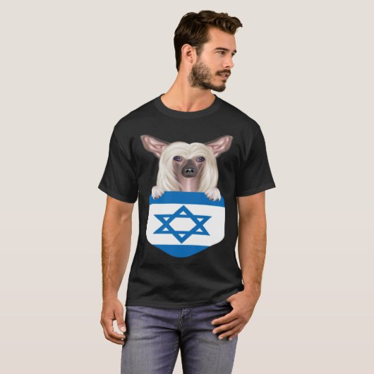 イスラエル国旗の中国原産の無毛犬がポケットに Tシャツ (正面フル)