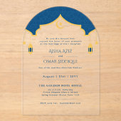 イスラムブルー金ゴールドニカ結婚ムスリムエレガント アクリル招待状 (正面)