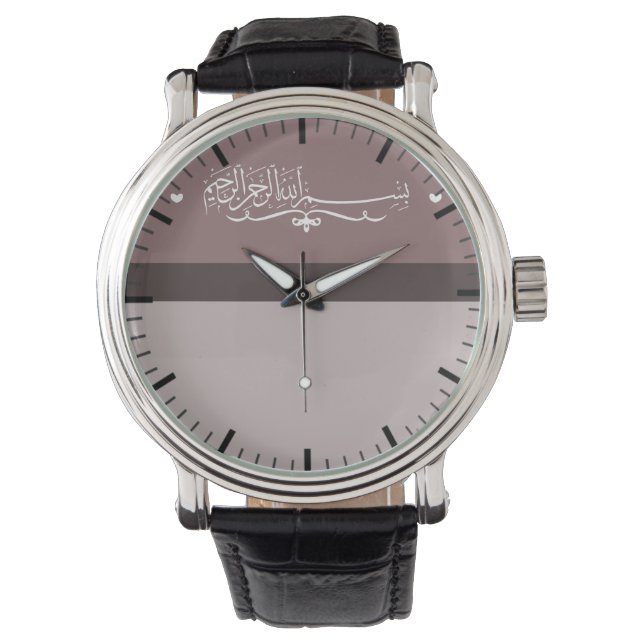 イスラム教のビスミラ書道ピンクのアラビア語イスラム教徒 腕時計 (正面)