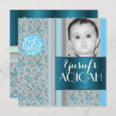 イスラム教の男の赤ちゃんの青いaqiqahの写真 招待状 (正面/裏面)