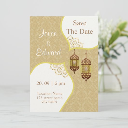 イスラム教の結婚式のためのダマスク柄 招待状 (スタンド正面)