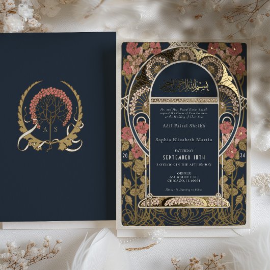 イスラム教ブルゴーニュ結婚ーアールヌーボー 箔招待状