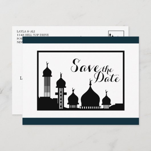 イスラム教モスクのシルエット結婚式の日付を保存 案内ポストカード (正面/裏面)