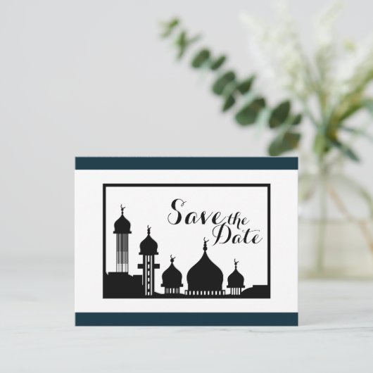 イスラム教モスクのシルエット結婚式の日付を保存 案内ポストカード (スタンド正面)