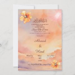 イスラム教式の結婚予定日カード Peach Sunset セーブザデート