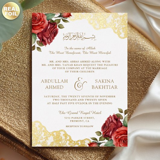 イスラム教式の結婚式 QRコード入り 赤いバラと金レース ウェディング 箔招待状