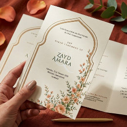 イスラム教式ニカーハのピーチフラワラルアーチの結婚式 三つ折りプログラム