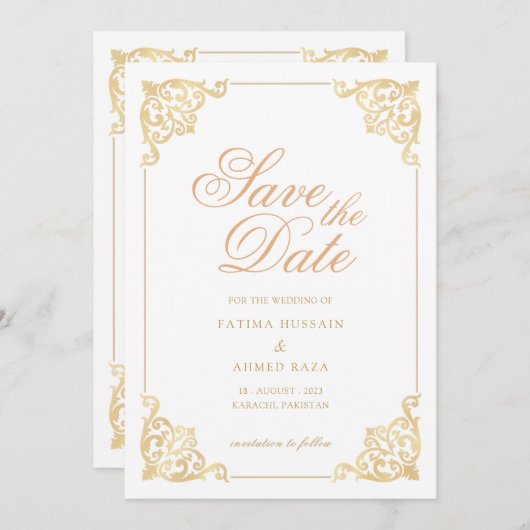 イスラム教式 白のSave The Date 発表カード セーブザデート (正面/裏面)