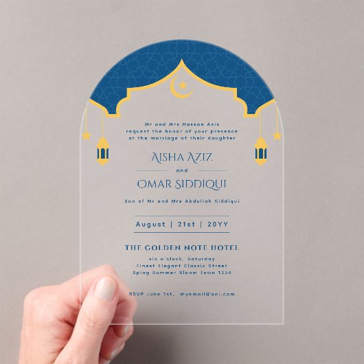 イスラム教式 青い金 ニカ・ムスリム結婚式 エレガント アクリル招待状 (インサイチュ (ポータブル))