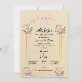 イスラム教徒のためのエレガントなゴールドアーチ ピンクの花とパールのSave the Date セーブザデート