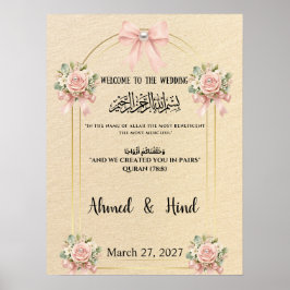 イスラム結婚式ウェルカムサイン ピンクの弓 真珠 ポスター