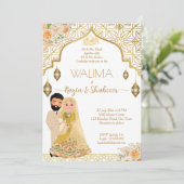 イスラム結婚式招待状金ゴールドとブライダルカップル 招待状 (スタンド正面)