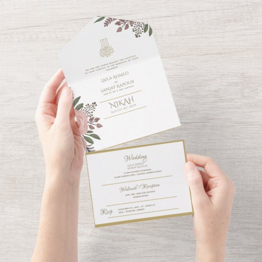イスラーム結婚のNIKAH WALLIMAH金ゴールドフローラ オールインワン招待状 (貼ってはがせる)