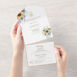 イスラーム結婚のNIKAH WALLIMAH金ゴールドフローラ オールインワン招待状