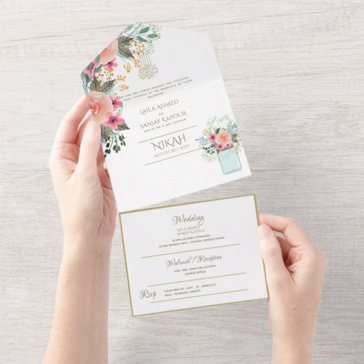 イスラーム結婚のNIKAH WALLIMAH金ゴールドフローラ オールインワン招待状 (貼ってはがせる)