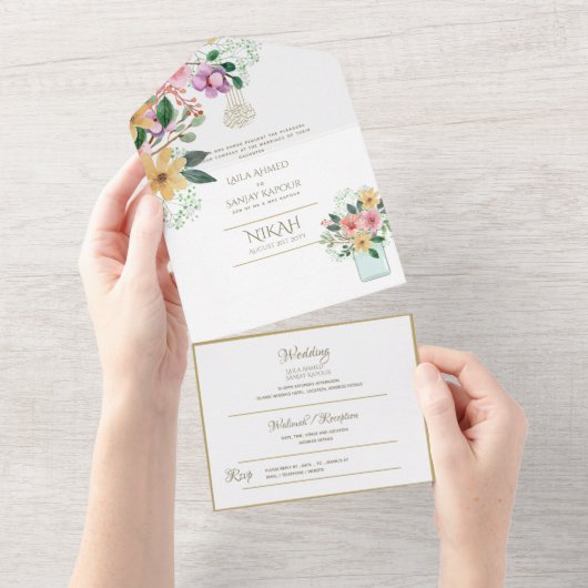 イスラーム結婚のNIKAH WALLIMAH金ゴールドフローラ オールインワン招待状 (貼ってはがせる)